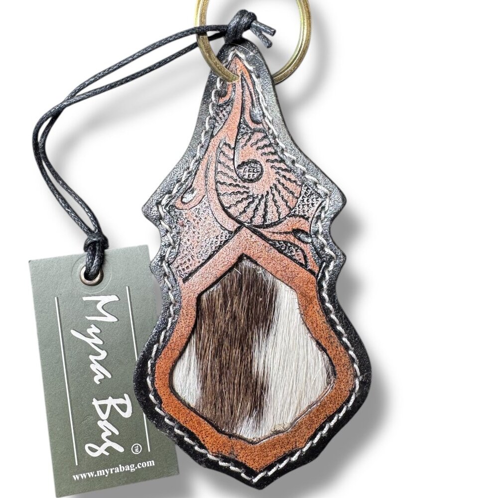 Myra Bag Leather and Hair-On Hide Hand-tooled "Glory Days" Key Chain - NEW